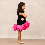 Sophisticated Black Velvet A-Line Dress with Pink Taffeta Flower Accents