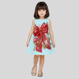 Charming Powder Blue Dress Featuring a Large Red Bow and Floral Motifs