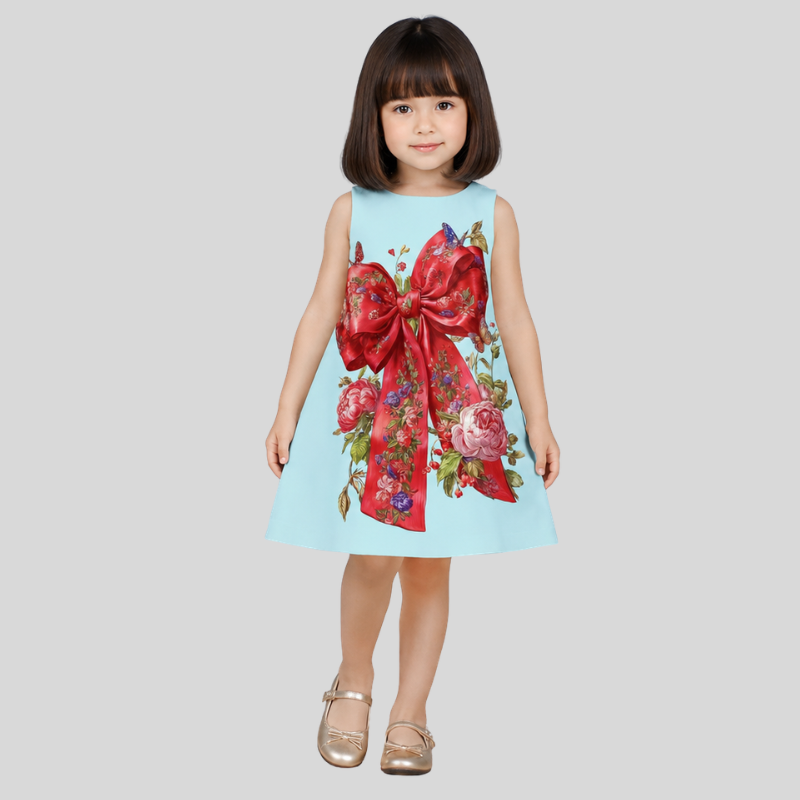 Charming Powder Blue Dress Featuring a Large Red Bow and Floral Motifs 7-8y / light Blue