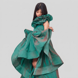 Green silk ruffled gown