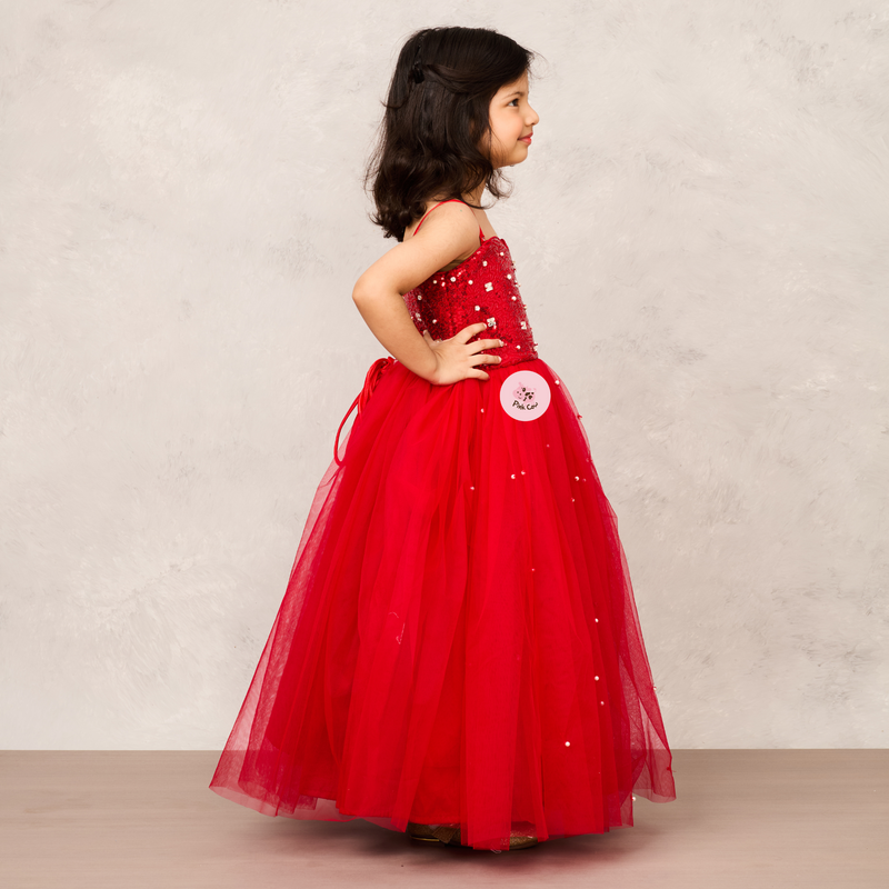 Elegant Red Gown with Sequence Chest Detailing, Full Crystal Work & Sequence Collar Net Shrug"