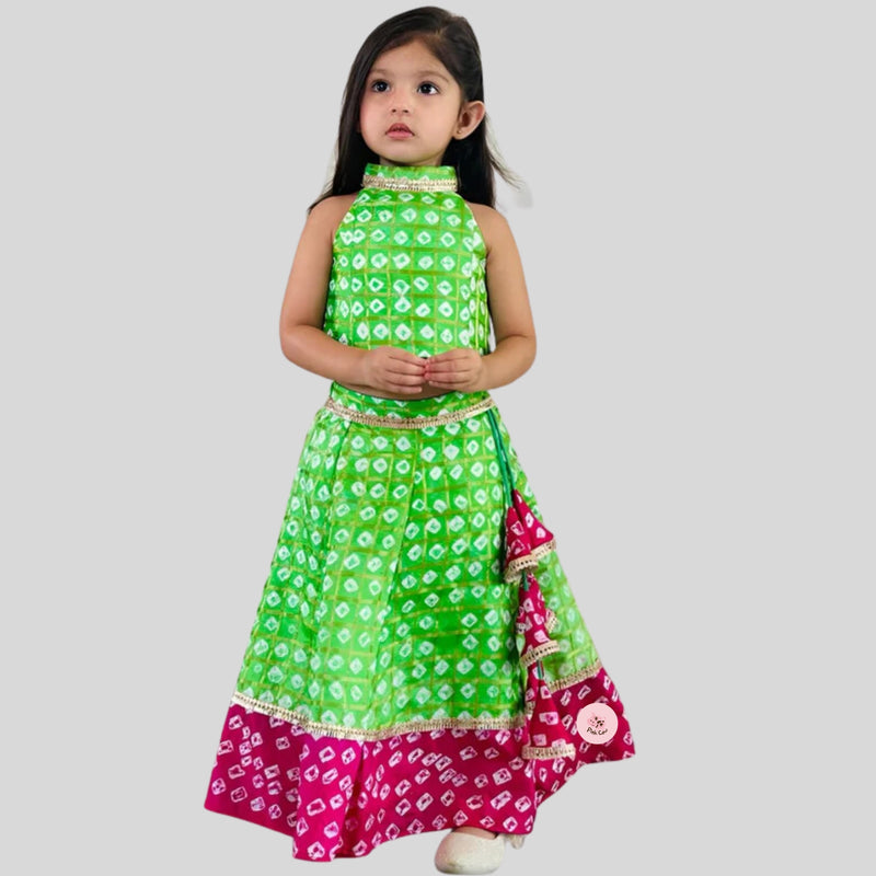 Bandhani Printed Green Halter Neck Top With Lehenga And Net Dupatta