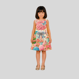 Charming Cream Dress Featuring a Vibrant Floral and Butterfly Print with a Statement Bow