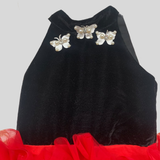 Pinkcow Velvet Halter Neck Butterfly Embellished Ruffle Tulle Party Dress - Black & Red