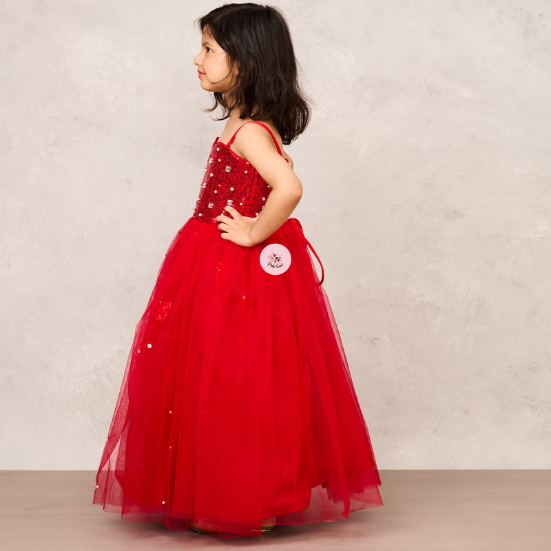 Elegant Red Gown with Sequence Chest Detailing, Full Crystal Work & Sequence Collar Net Shrug"