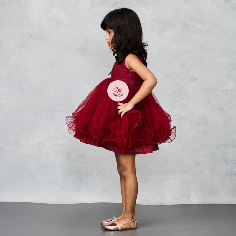 Maroon Lacy Dress with Floral Embellishments on Chest