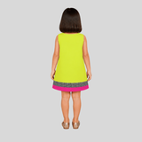 Charming Lime Green Dress Featuring a Bold Checkered Panther Print and Pink Hem