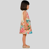 Charming Cream Dress Featuring a Vibrant Floral and Butterfly Print with a Statement Bow