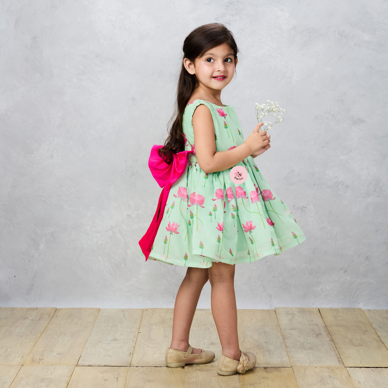 Floral Printed Green Dress With Contrasting Back Bow