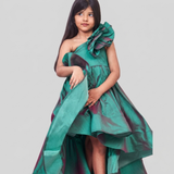 Green silk ruffled gown