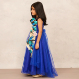 Luxurious Royal Blue Net Gown with Detailed Printed Bow