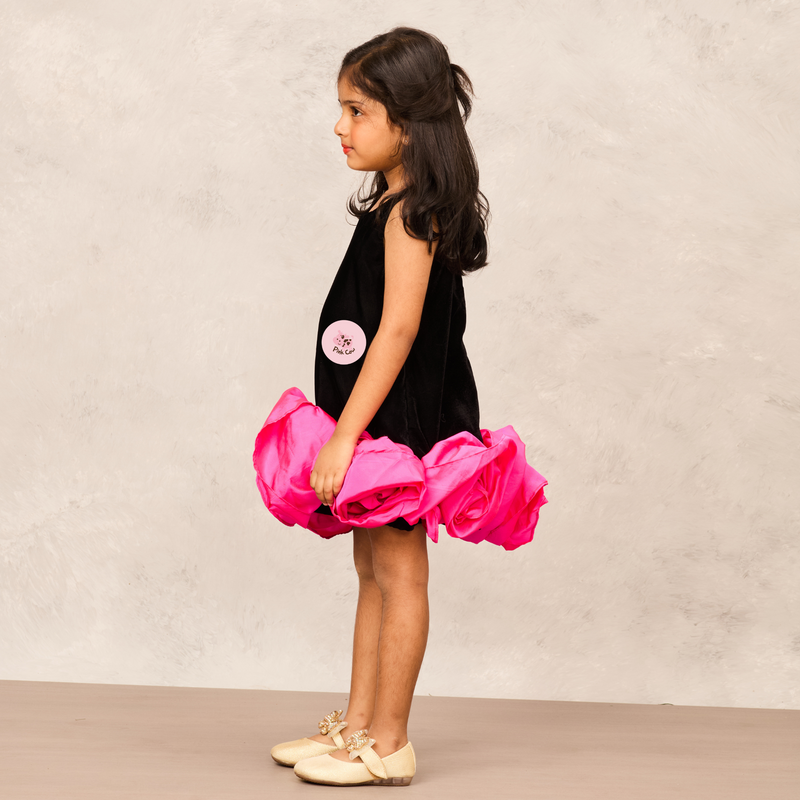 Sophisticated Black Velvet A-Line Dress with Pink Taffeta Flower Accents