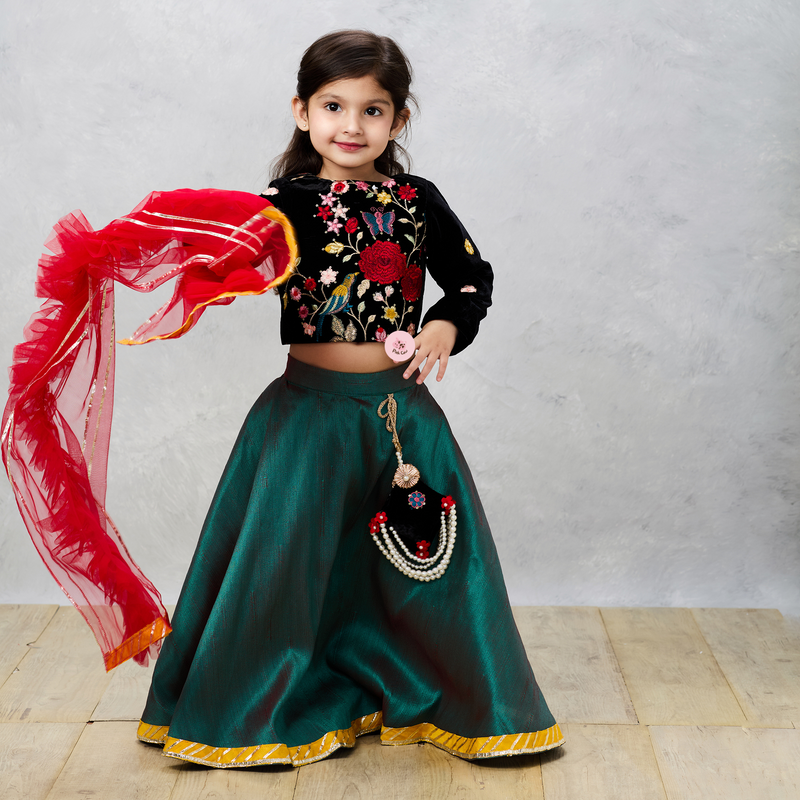 Black Velvet Embroidered Choli with Raw Silk Ghaghra and Tassels