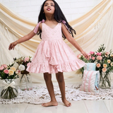 Cotton Woven Sleeveless floral Print detailing Dress With Old Rose Tie up Straps