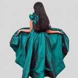 Green silk ruffled gown