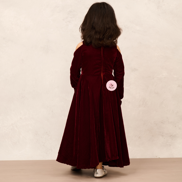 Gorgeous Full Sleeves Maroon Velvet Gown