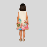 Charming Cream Dress Featuring a Vibrant Floral and Butterfly Print with a Statement Bow