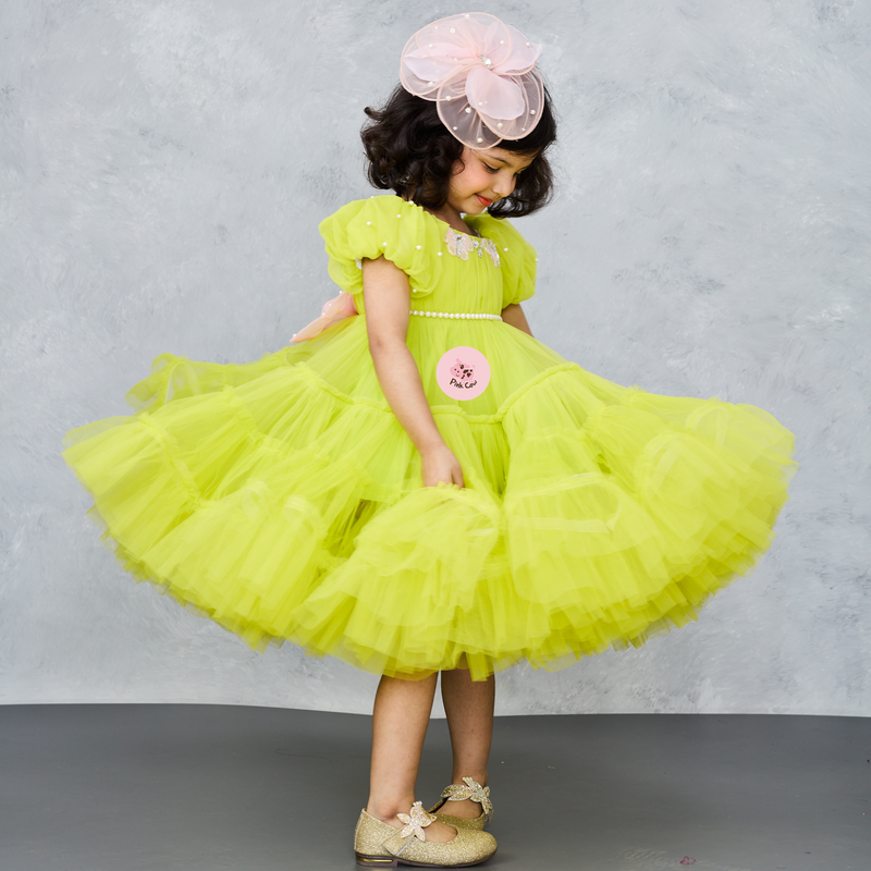 Dolls Wear Out Green Puff Sleeves Gown with Butterfly Embroidery and Pearl Work