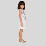 Charming White Dress Featuring a Bow and Button Sketch Print