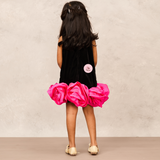 Sophisticated Black Velvet A-Line Dress with Pink Taffeta Flower Accents