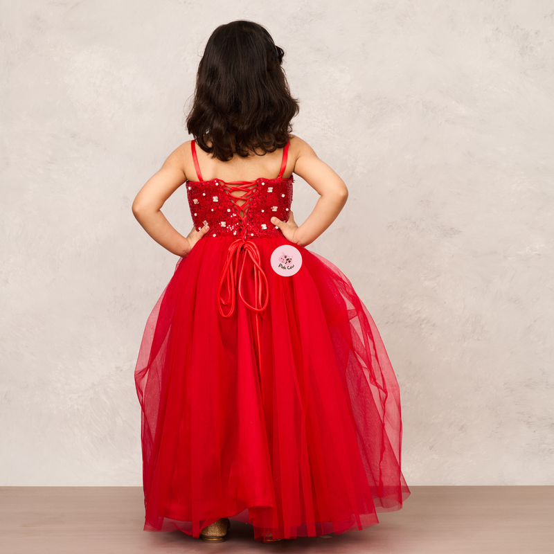 Elegant Red Gown with Sequence Chest Detailing, Full Crystal Work & Sequence Collar Net Shrug"