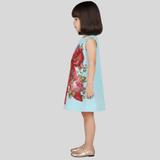 Charming Powder Blue Dress Featuring a Large Red Bow and Floral Motifs