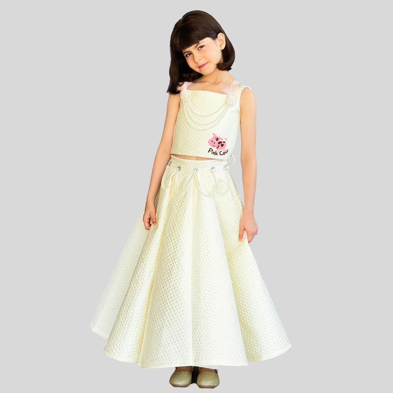 Mini me ghaghra choli in quilted cream silk