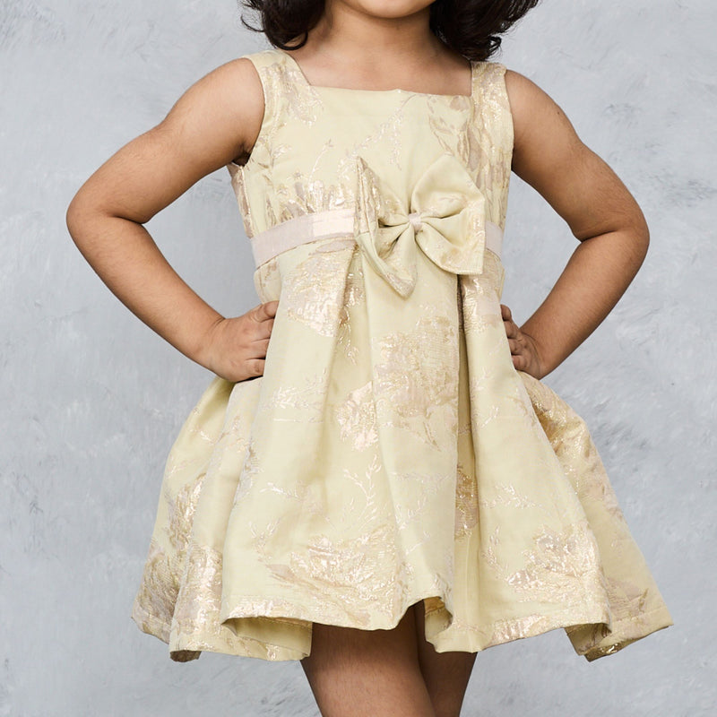 Rich brocade short dress with enhanced bow