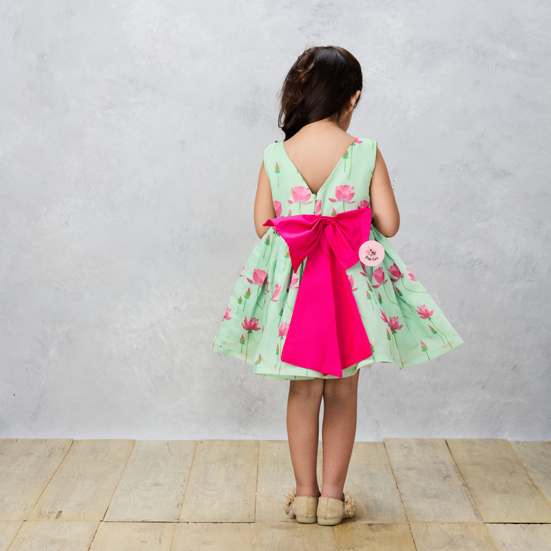 Floral Printed Green Dress With Contrasting Back Bow