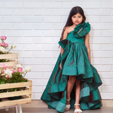 Green silk ruffled gown