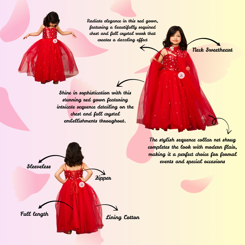 Elegant Red Gown with Sequence Chest Detailing, Full Crystal Work & Sequence Collar Net Shrug"