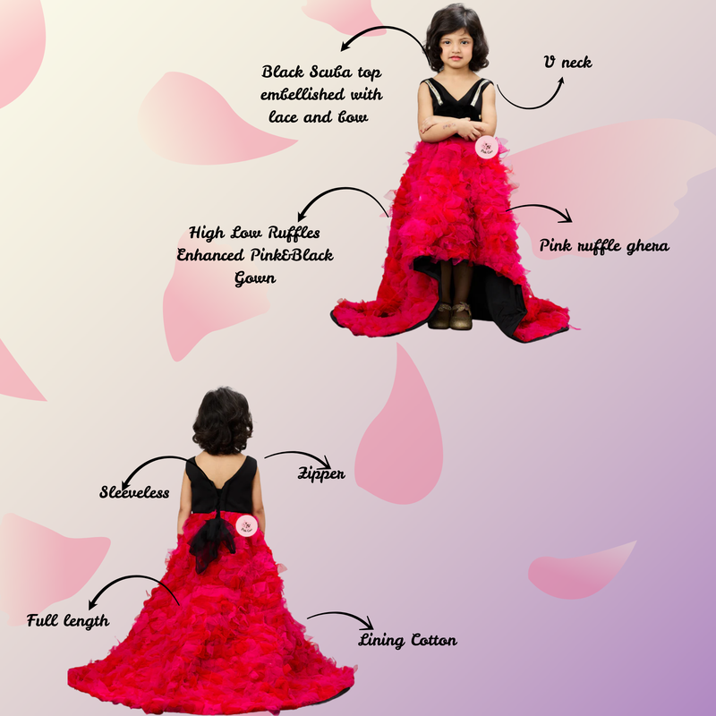 Pink Ruffle Ghera High-Low Gown with Lace-Embellished Black Top and Bow