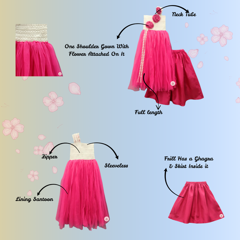 EXQUISITE ELEGANT ONE SHOULDER GOWN WITH ATTACHED FLOWER DETAIL FEATURING FRILLED GHAGRA & SKIRT