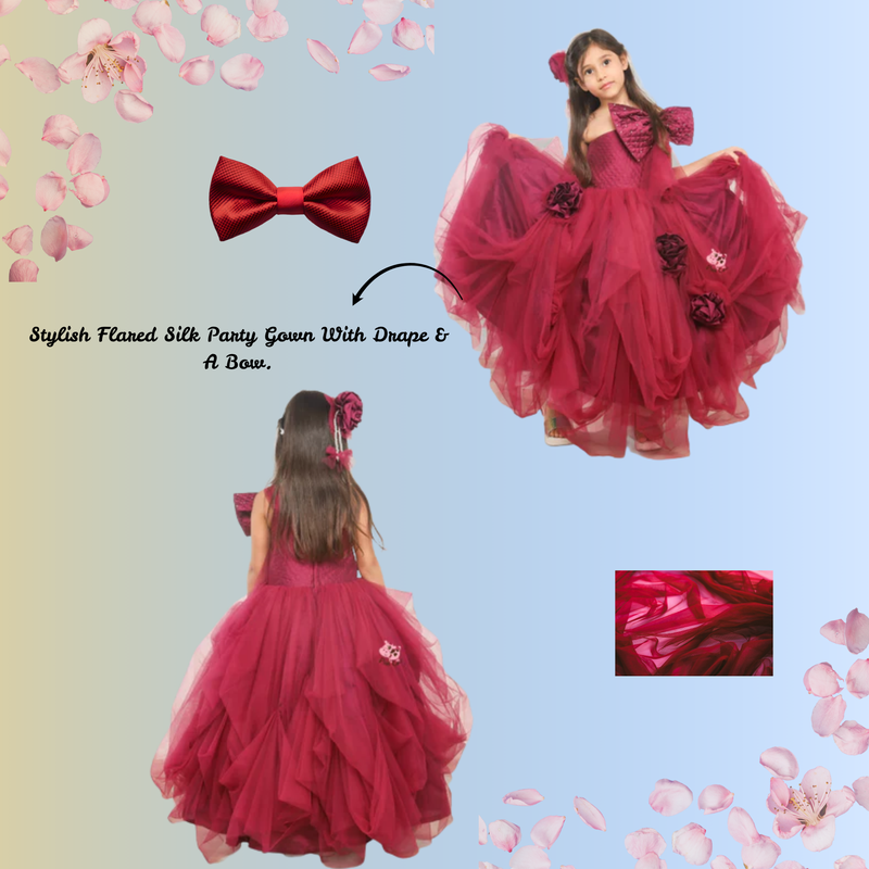 MAROON DRAPED GOWN WITH BIG VELVET BOW
