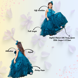 TEAL BLUE DRAPED GOWN WITH BIG VELVET BOW