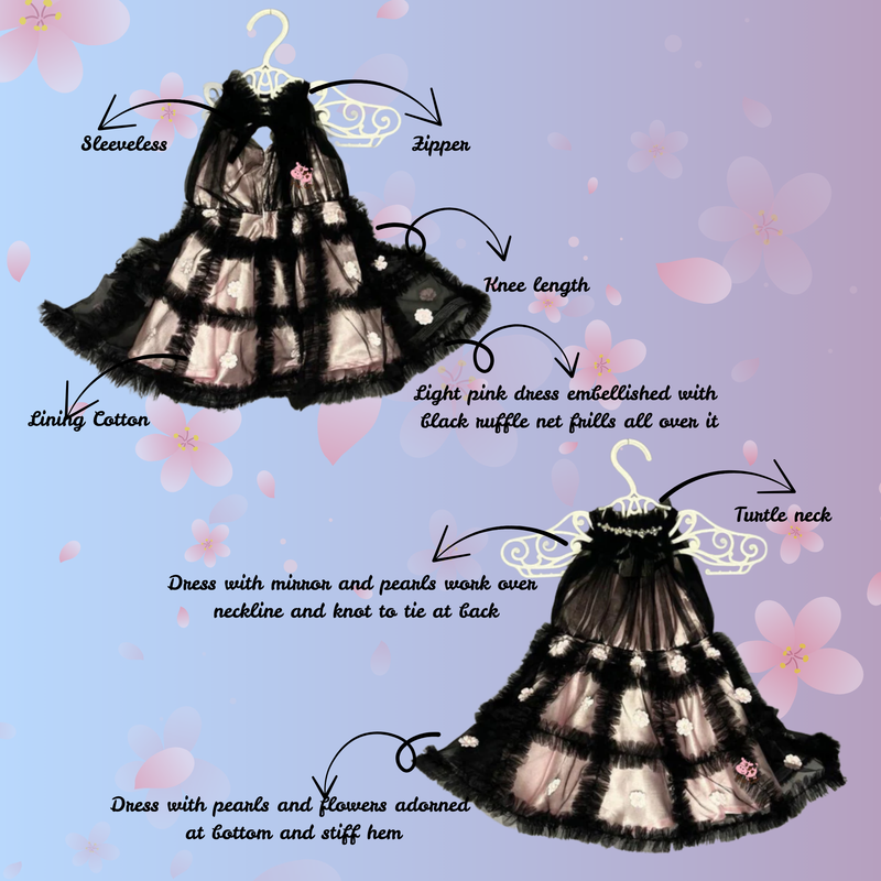 Flower And Pearls Embellished Ruffle Frilly Black Dress