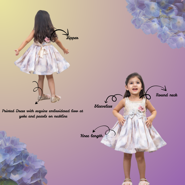 Lavish printed Dress with  Sequins Embroidered Bow