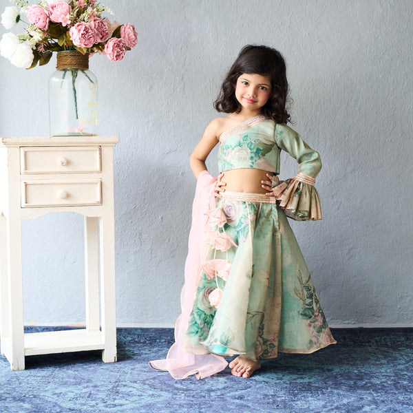Charming mint green floral ghaghara choli