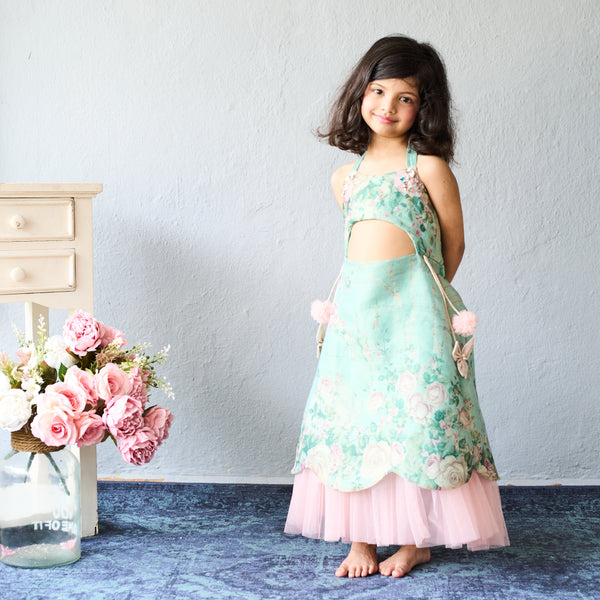 Elegant mint green floral embroidered frock