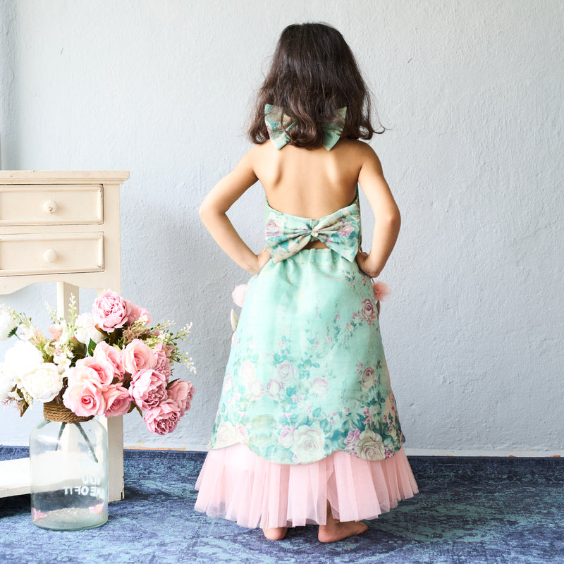 Elegant mint green floral embroidered frock