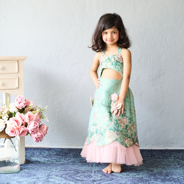 Elegant mint green floral embroidered frock
