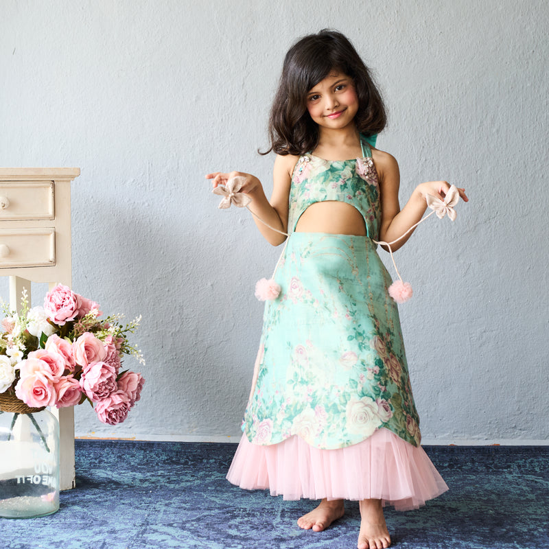Elegant mint green floral embroidered frock