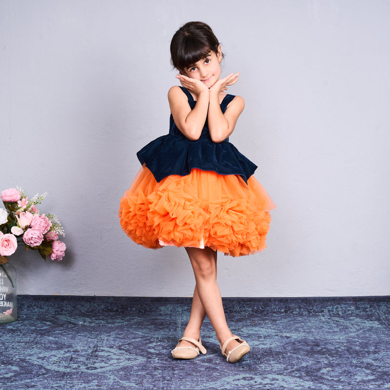 Bright orange and black layered tulle party dress