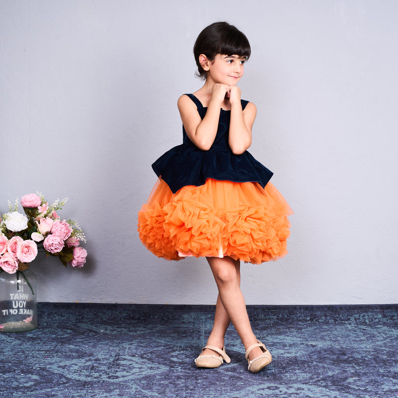 Bright orange and black layered tulle party dress