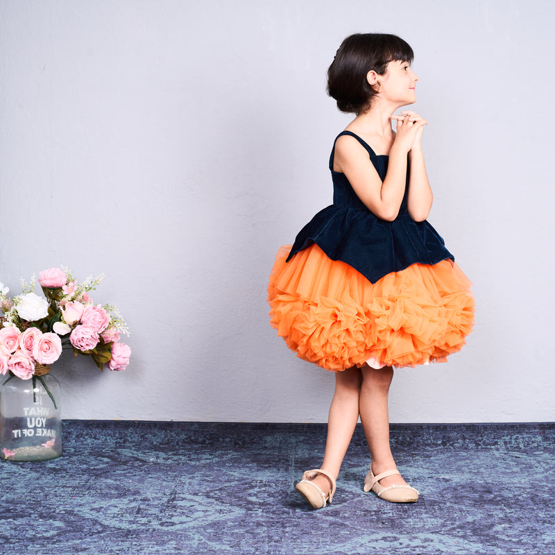 Bright orange and black layered tulle party dress
