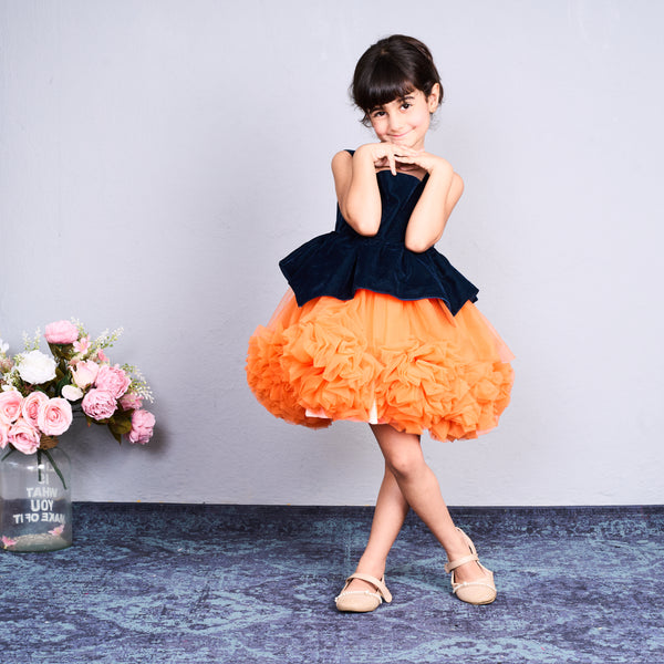 Bright orange and black layered tulle party dress