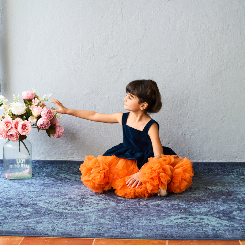 Bright orange and black layered tulle party dress