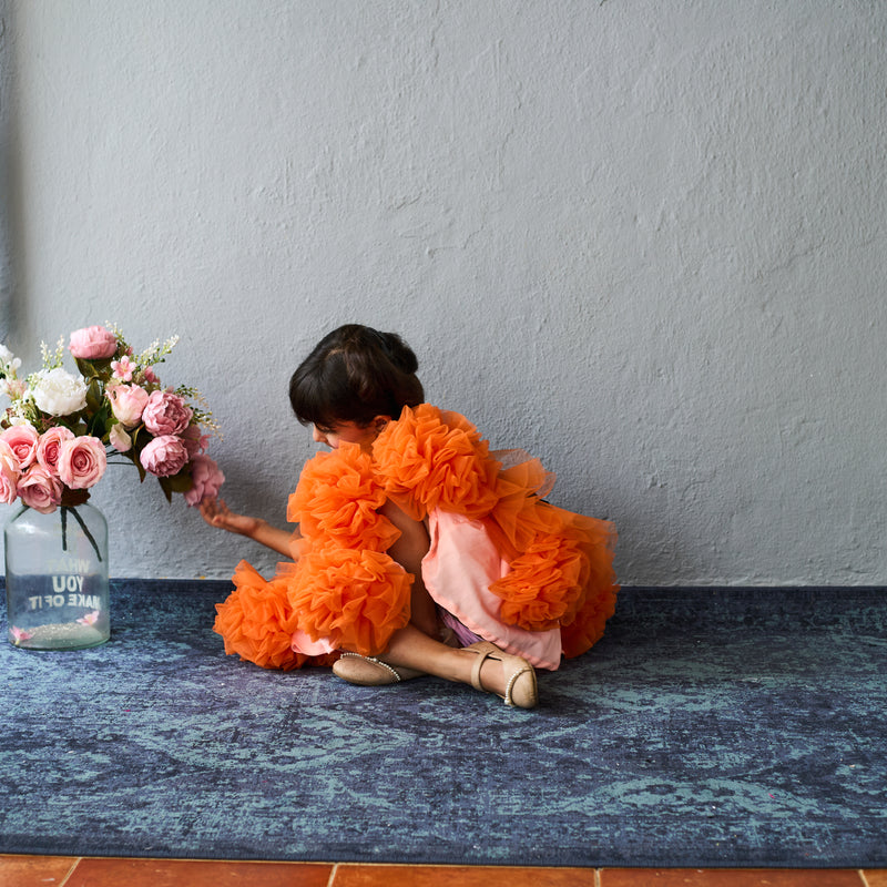 Bright orange and black layered tulle party dress