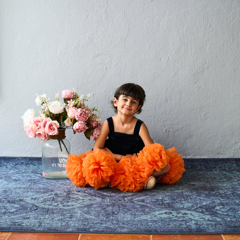 Bright orange and black layered tulle party dress