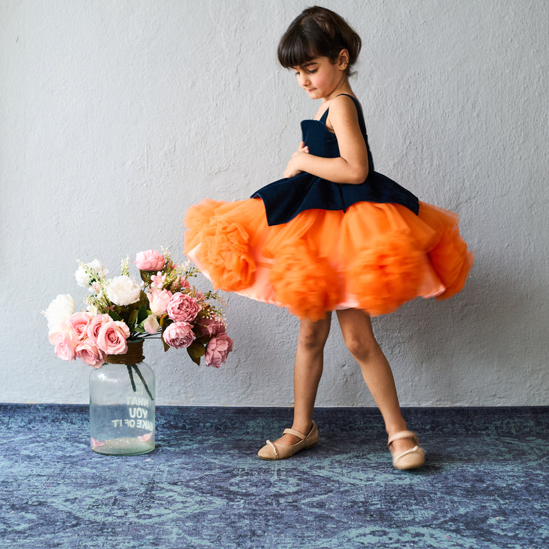 Bright orange and black layered tulle party dress